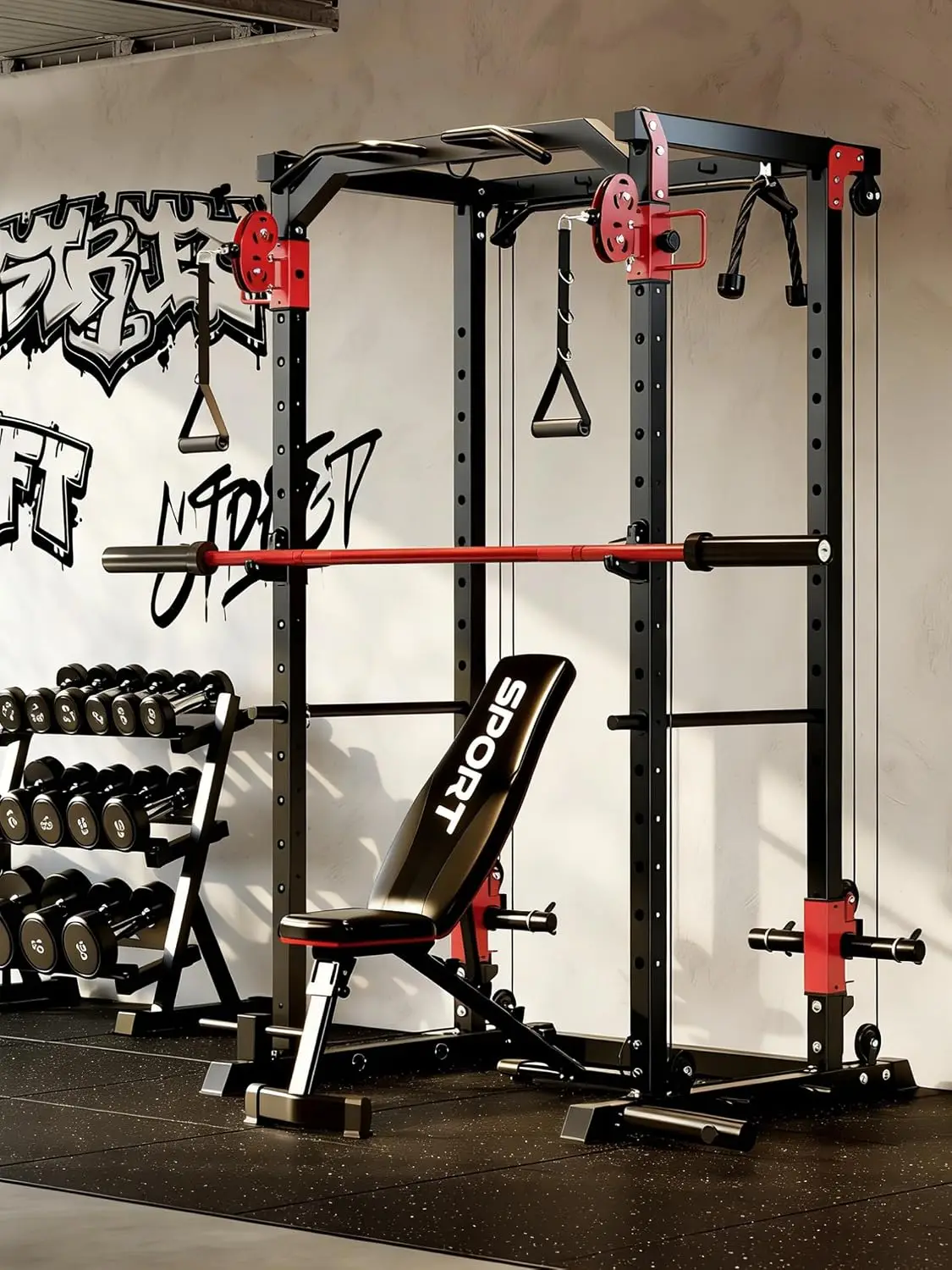 Power Cage with Dual Pulley System, 1600LB Multi-Function Squat Rack | Cable Crossover & LAT Pull Down, All-in-One, Customized