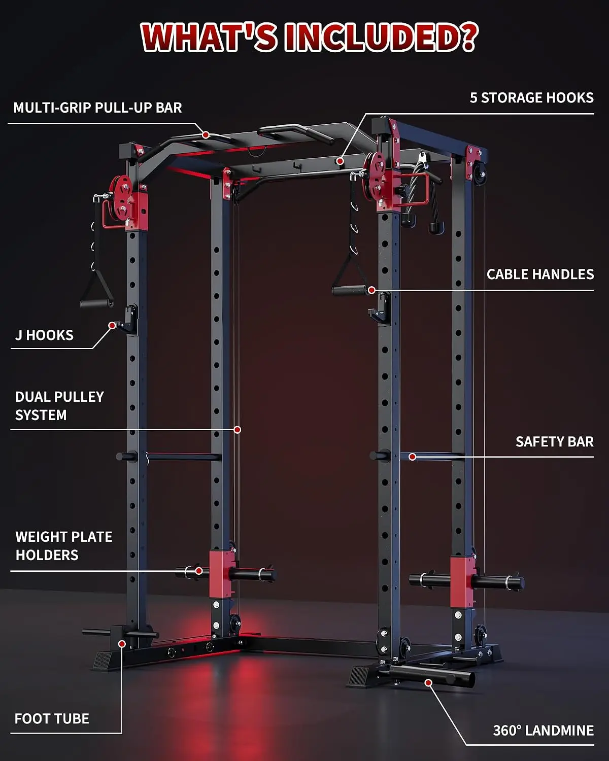 Power Cage with Dual Pulley System, 1600LB Multi-Function Squat Rack | Cable Crossover & LAT Pull Down, All-in-One, Customized