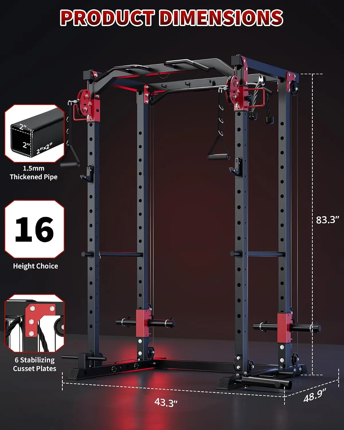 Power Cage with Dual Pulley System, 1600LB Multi-Function Squat Rack | Cable Crossover & LAT Pull Down, All-in-One, Customized