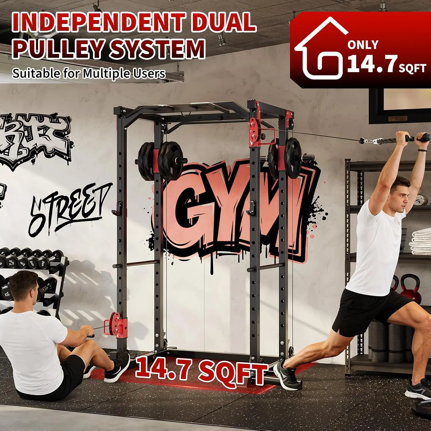 Power Cage with Dual Pulley System, 1600LB Multi-Function Squat Rack | Cable Crossover & LAT Pull Down, All-in-One, Customized