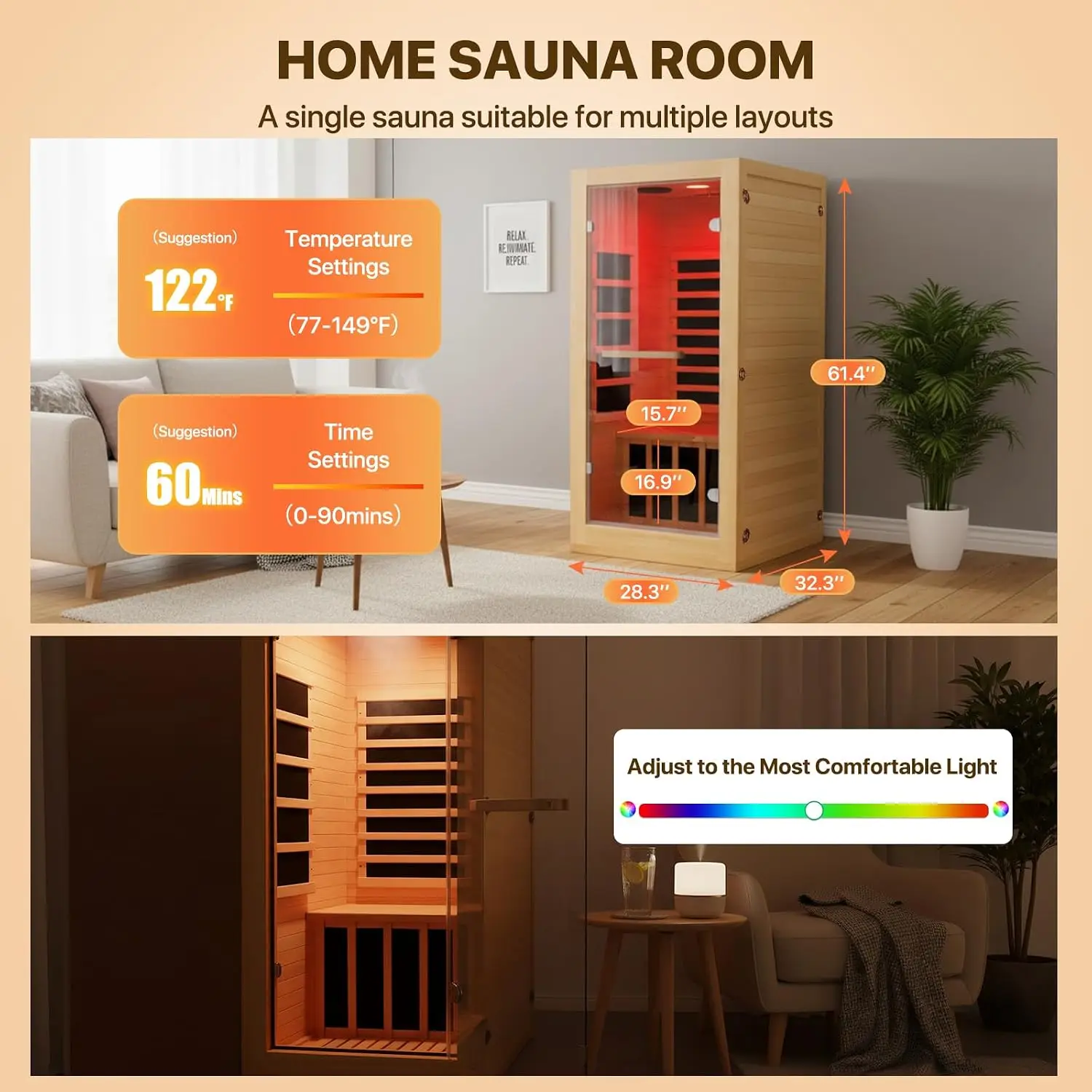 Infrared Sauna Room Indoor Home Obeche Wood 900W, Custom