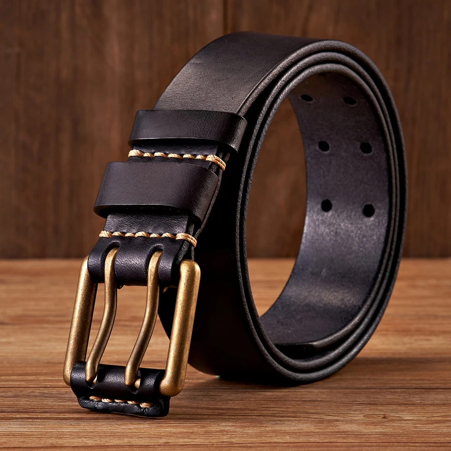 3.8cm Wide Vintage Men's Belt Cowhide Genuine Leather Belt Copper Double Needle Buckle Handmade Jeans Belt Fashion Male Strap