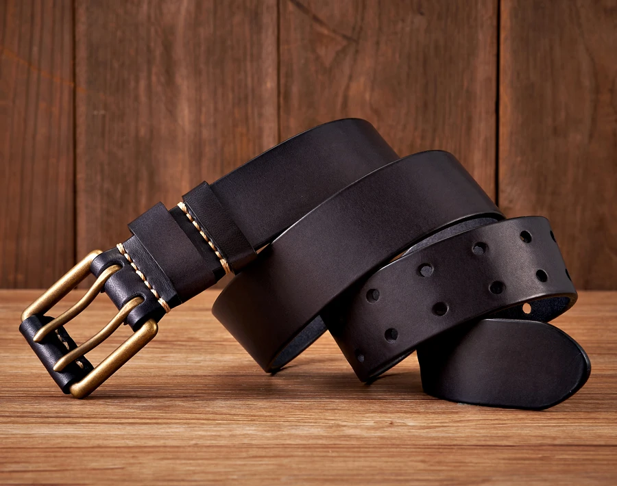 3.8cm Wide Vintage Men's Belt Cowhide Genuine Leather Belt Copper Double Needle Buckle Handmade Jeans Belt Fashion Male Strap