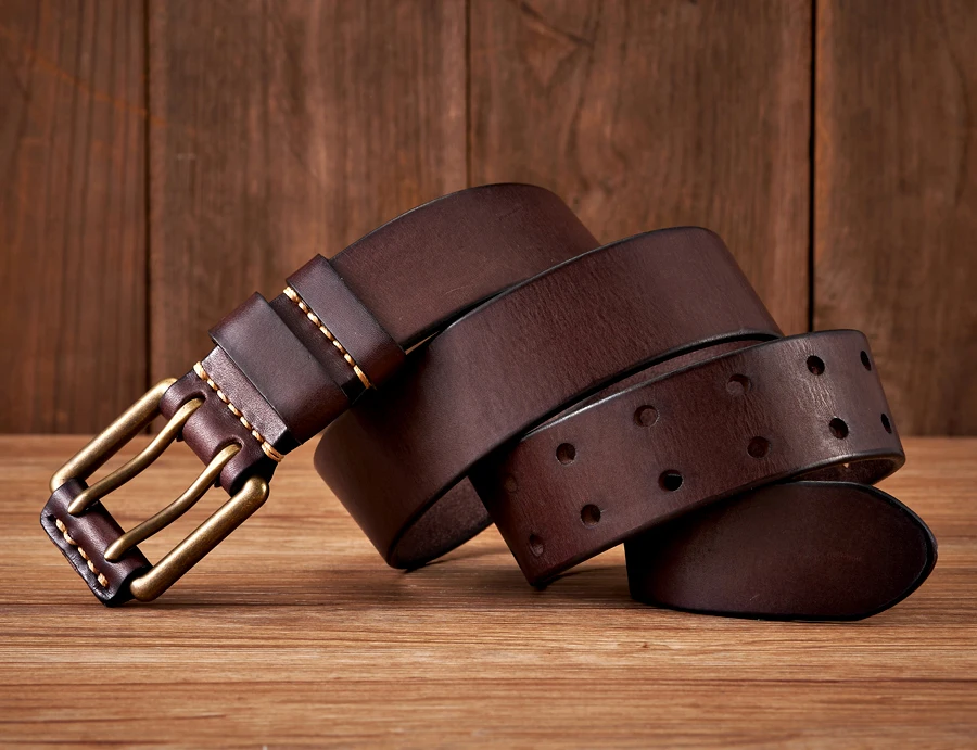 3.8cm Wide Vintage Men's Belt Cowhide Genuine Leather Belt Copper Double Needle Buckle Handmade Jeans Belt Fashion Male Strap