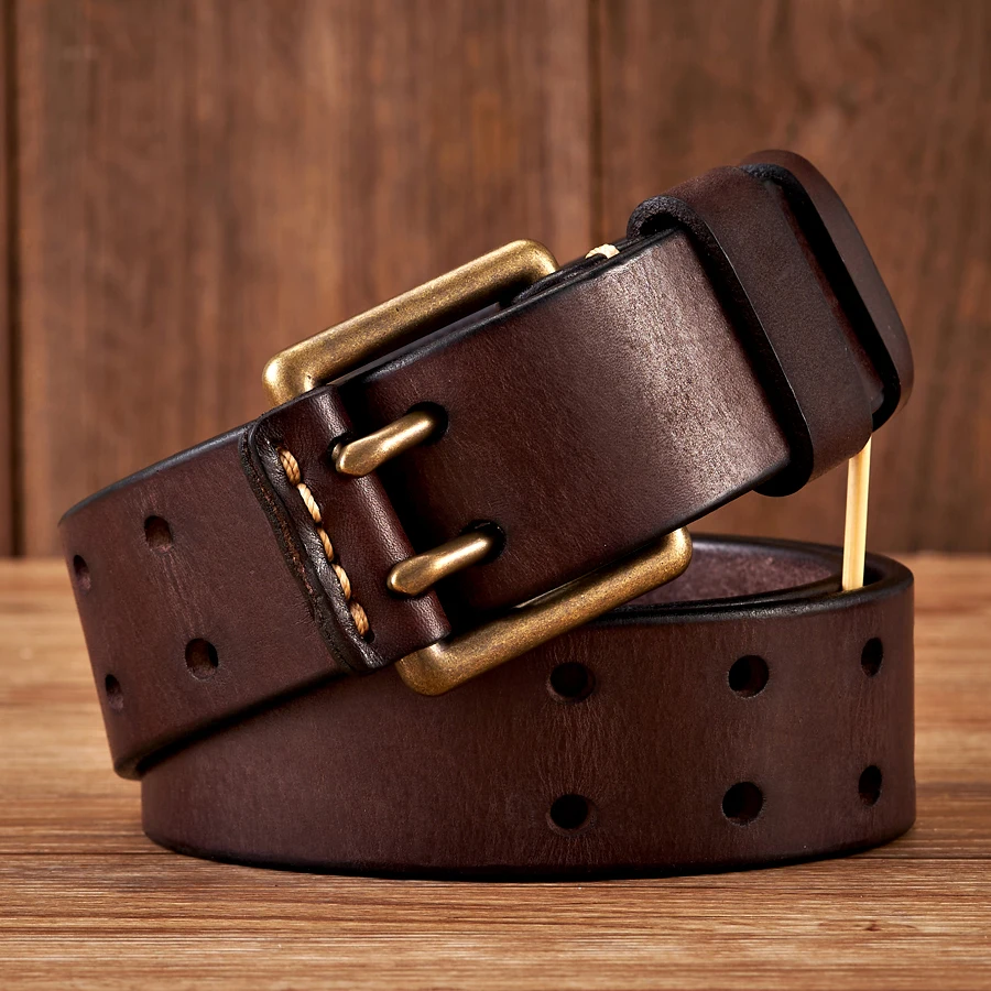 3.8cm Wide Vintage Men's Belt Cowhide Genuine Leather Belt Copper Double Needle Buckle Handmade Jeans Belt Fashion Male Strap