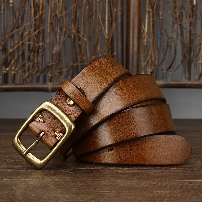 3.3Cm Width Copper Buckle Men's Cowskin Leather Belt Leather Retro Handmade Belt Male Luxury Belt For Jeans Wide Belt Men's Gift