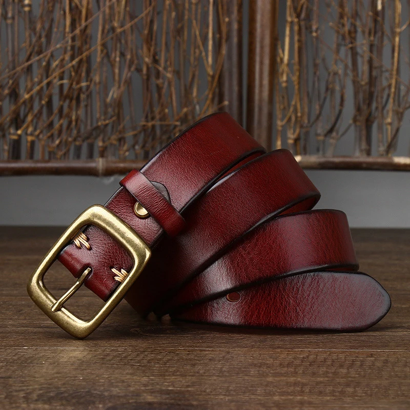 3.3Cm Width Copper Buckle Men's Cowskin Leather Belt Leather Retro Handmade Belt Male Luxury Belt For Jeans Wide Belt Men's Gift