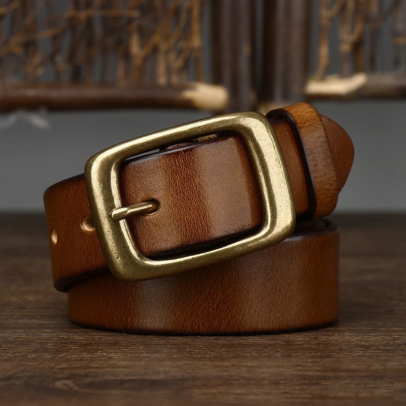 3.3Cm Width Copper Buckle Men's Cowskin Leather Belt Leather Retro Handmade Belt Male Luxury Belt For Jeans Wide Belt Men's Gift
