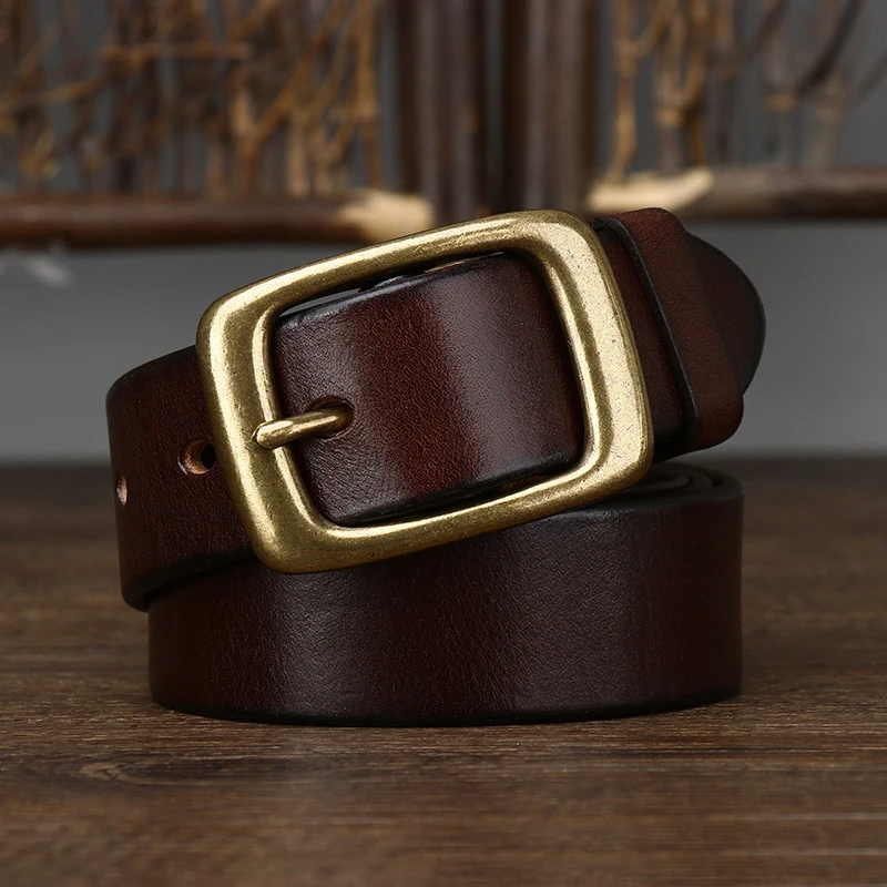 3.3Cm Width Copper Buckle Men's Cowskin Leather Belt Leather Retro Handmade Belt Male Luxury Belt For Jeans Wide Belt Men's Gift