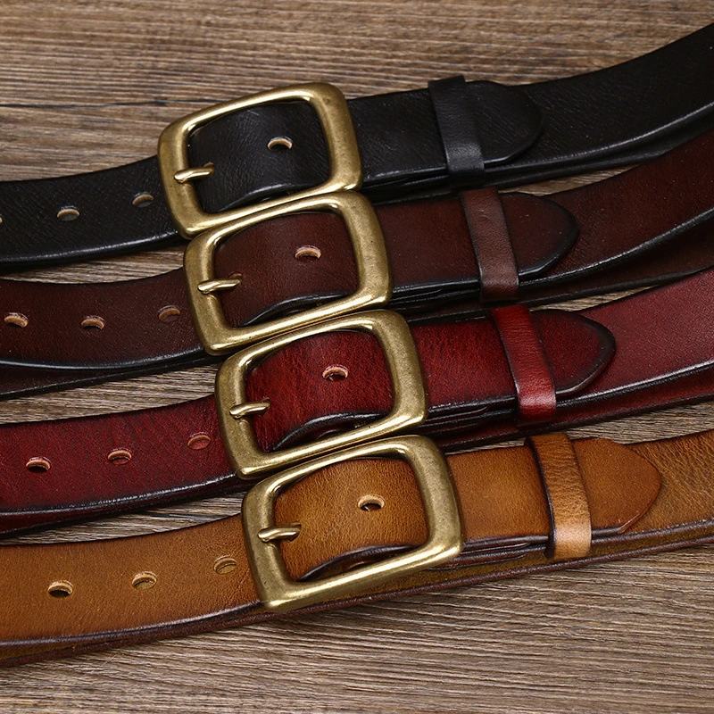 3.3Cm Width Copper Buckle Men's Cowskin Leather Belt Leather Retro Handmade Belt Male Luxury Belt For Jeans Wide Belt Men's Gift