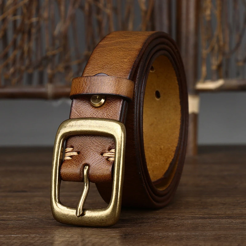 3.3Cm Width Copper Buckle Men's Cowskin Leather Belt Leather Retro Handmade Belt Male Luxury Belt For Jeans Wide Belt Men's Gift