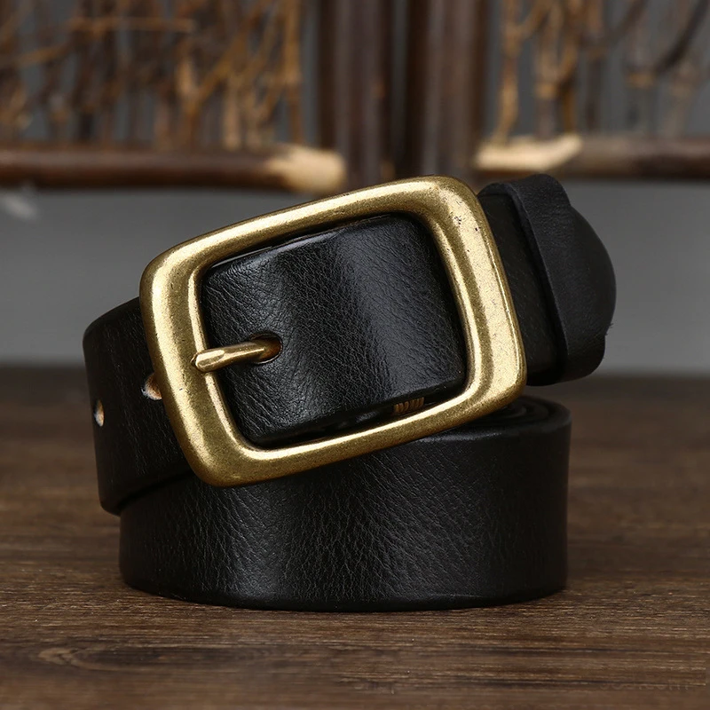 3.3Cm Width Copper Buckle Men's Cowskin Leather Belt Leather Retro Handmade Belt Male Luxury Belt For Jeans Wide Belt Men's Gift