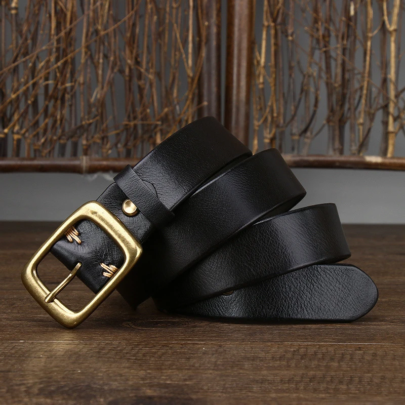 3.3Cm Width Copper Buckle Men's Cowskin Leather Belt Leather Retro Handmade Belt Male Luxury Belt For Jeans Wide Belt Men's Gift