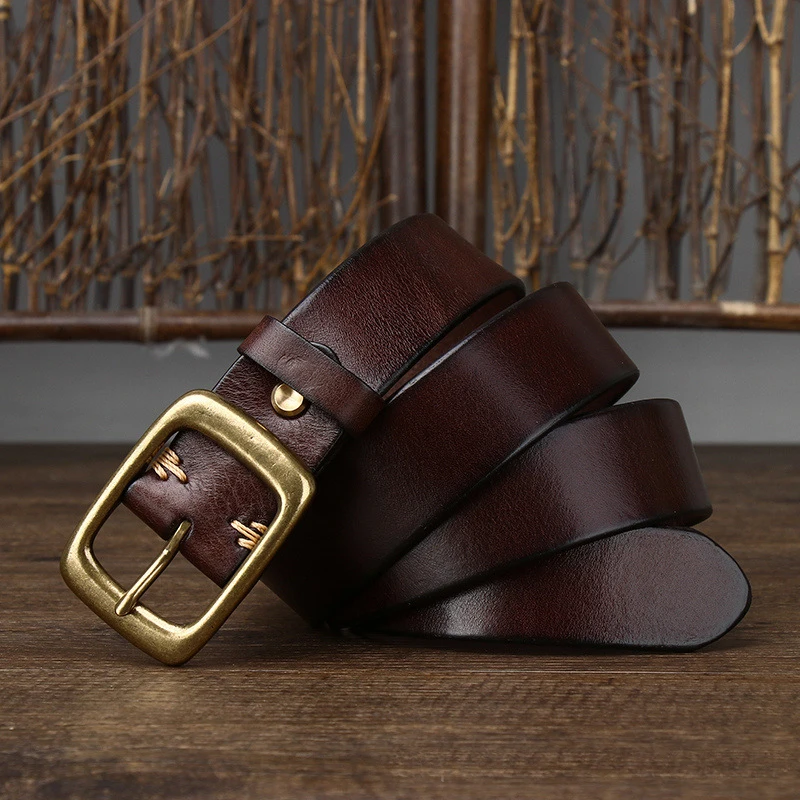 3.3Cm Width Copper Buckle Men's Cowskin Leather Belt Leather Retro Handmade Belt Male Luxury Belt For Jeans Wide Belt Men's Gift