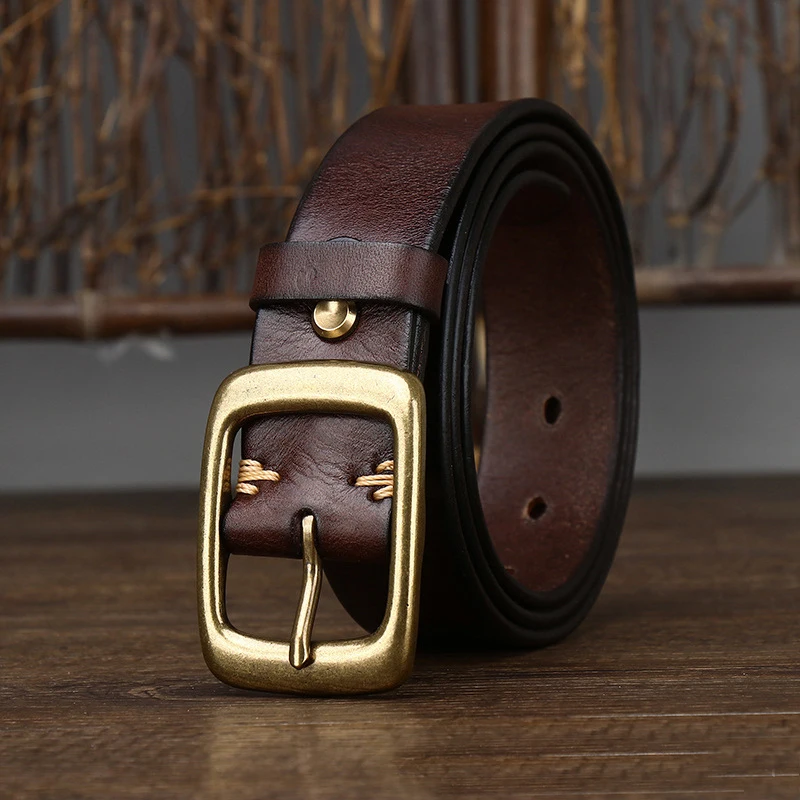 3.3Cm Width Copper Buckle Men's Cowskin Leather Belt Leather Retro Handmade Belt Male Luxury Belt For Jeans Wide Belt Men's Gift