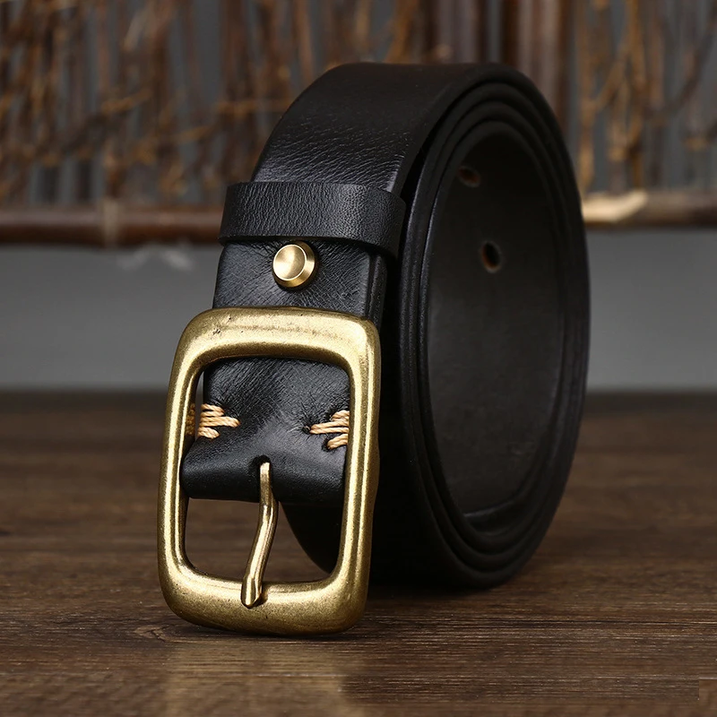 3.3Cm Width Copper Buckle Men's Cowskin Leather Belt Leather Retro Handmade Belt Male Luxury Belt For Jeans Wide Belt Men's Gift