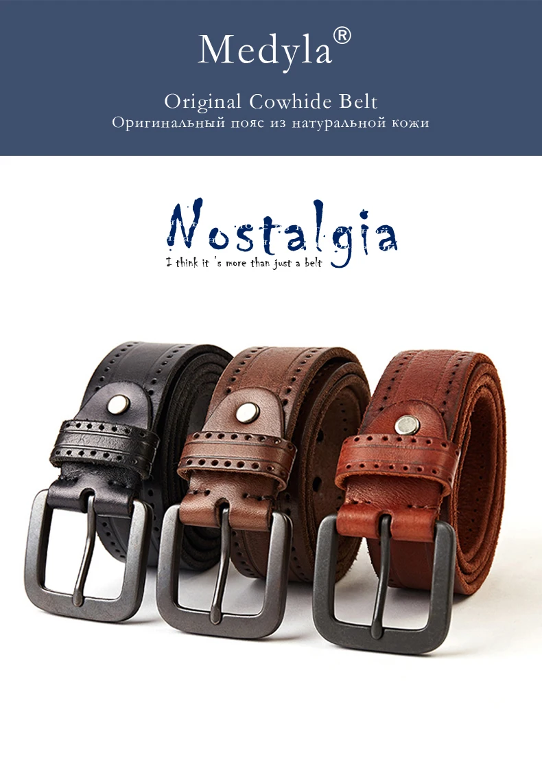 MEDYLA Natural Leather Belt Men's Hard Metal Matte Buckle Men's Original Leather Belt 105-150cm Jeans Belt Screw Accessories