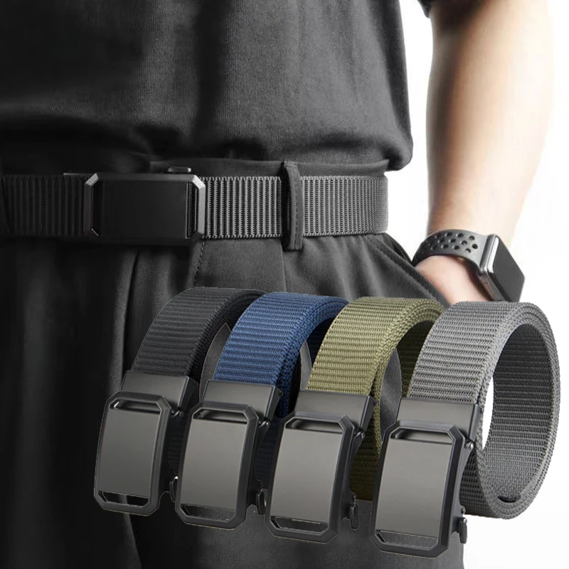 Men's Belt Tactical Canvas Automatic Metal Buckle Belt Durable Casual Outdoor Hunting Waist Adventure Training Jeans Pants Belt
