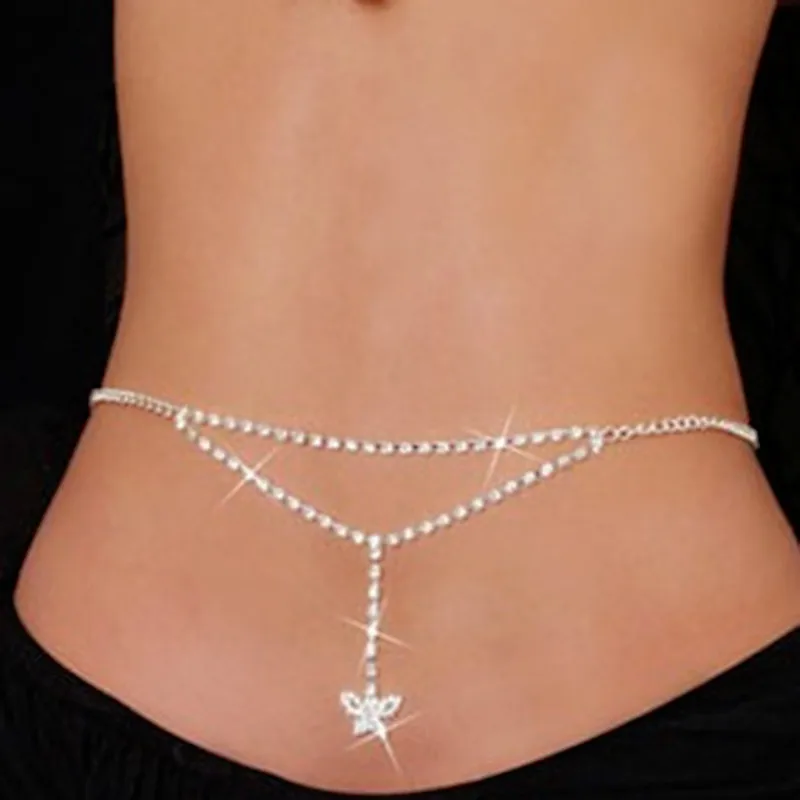 Women Fashion Belt Hip High Waist Gold Silver Narrow Metal Chain Chunky Fringes Crystal Diamond Waist Chain Corset Chain Belt