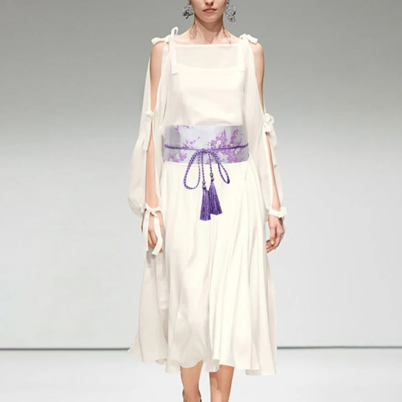 Chinese Han Dynasty Hanfu Clothing Waistband with Tassels Wide Tie Belt with Chinese Painting Flower Pattern