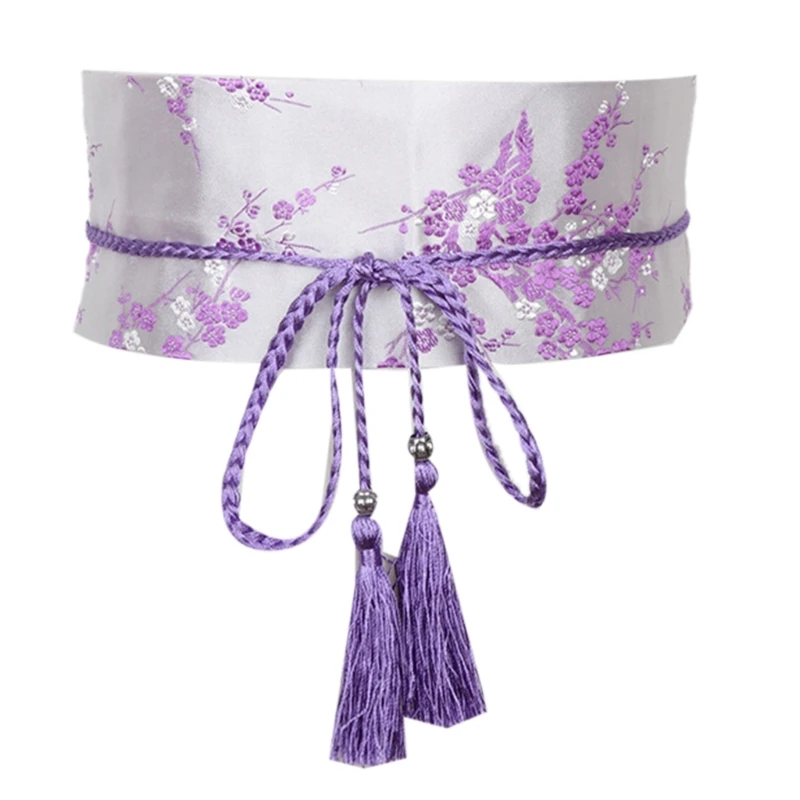 Chinese Han Dynasty Hanfu Clothing Waistband with Tassels Wide Tie Belt with Chinese Painting Flower Pattern