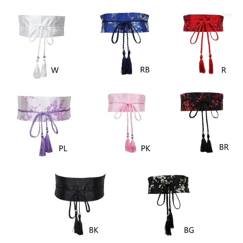 Chinese Han Dynasty Hanfu Clothing Waistband with Tassels Wide Tie Belt with Chinese Painting Flower Pattern