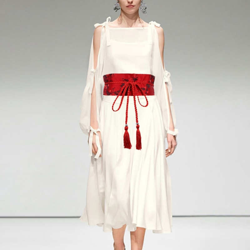 Chinese Han Dynasty Hanfu Clothing Waistband with Tassels Wide Tie Belt with Chinese Painting Flower Pattern