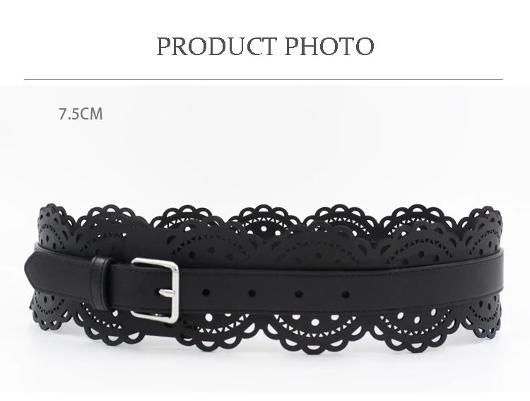 Cut Out Carved Leather Waist Closure Pin Buckle Leather Wide Belt Dress Waist Geometric Decoration Silver Buckle Wide Belt