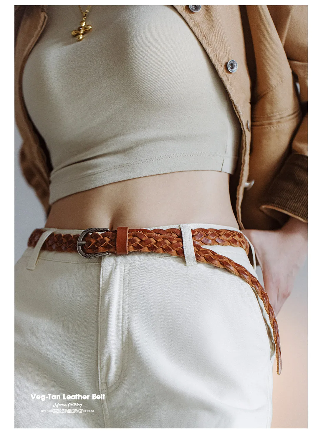 Maden Vintage Veg-Tan Cowhide Braided Belt for Women Leather Belt Simple Accessory Belts with 3 Strands of Weaving Craftsmanship