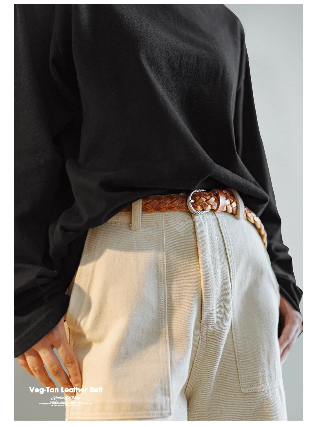Maden Vintage Veg-Tan Cowhide Braided Belt for Women Leather Belt Simple Accessory Belts with 3 Strands of Weaving Craftsmanship