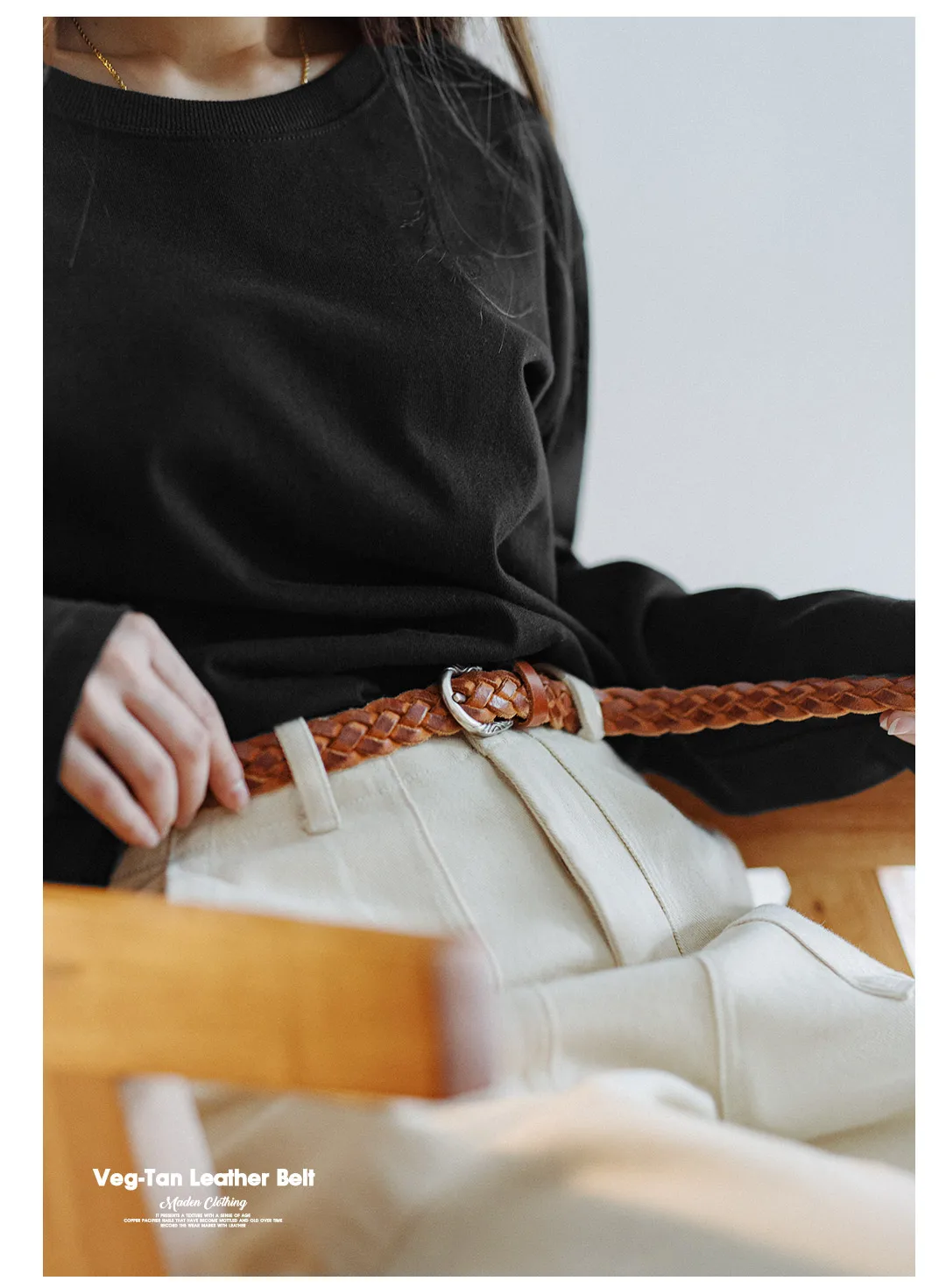 Maden Vintage Veg-Tan Cowhide Braided Belt for Women Leather Belt Simple Accessory Belts with 3 Strands of Weaving Craftsmanship