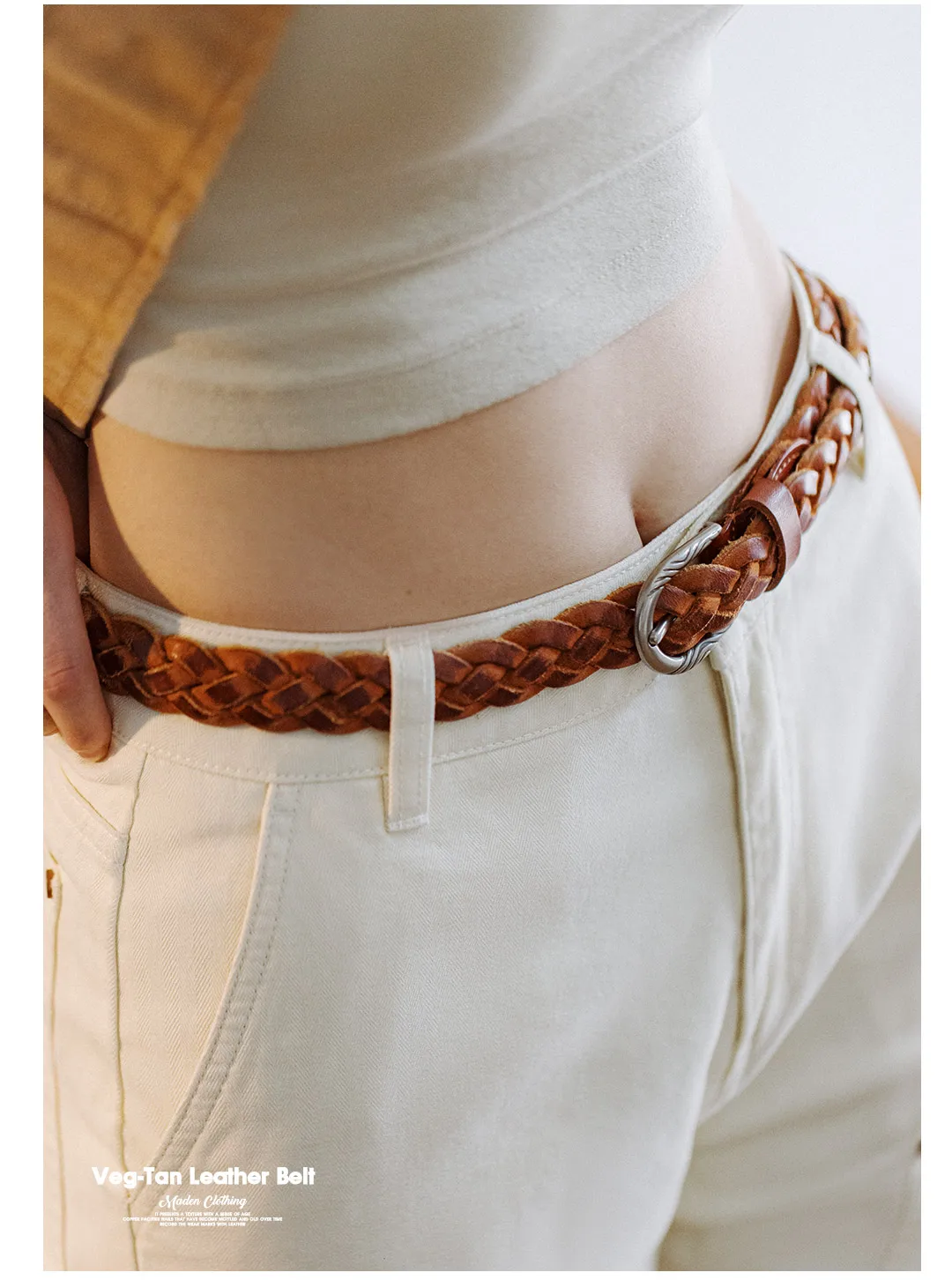 Maden Vintage Veg-Tan Cowhide Braided Belt for Women Leather Belt Simple Accessory Belts with 3 Strands of Weaving Craftsmanship