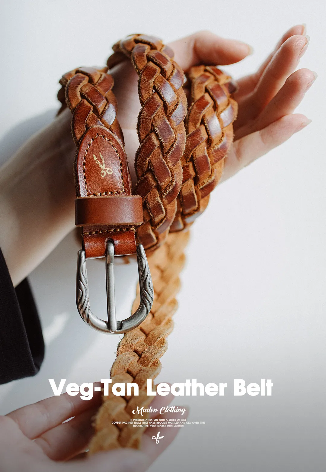 Maden Vintage Veg-Tan Cowhide Braided Belt for Women Leather Belt Simple Accessory Belts with 3 Strands of Weaving Craftsmanship
