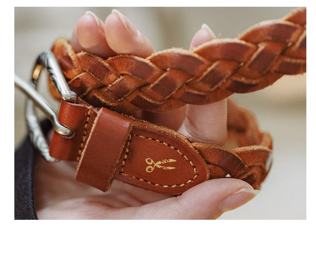 Maden Vintage Veg-Tan Cowhide Braided Belt for Women Leather Belt Simple Accessory Belts with 3 Strands of Weaving Craftsmanship