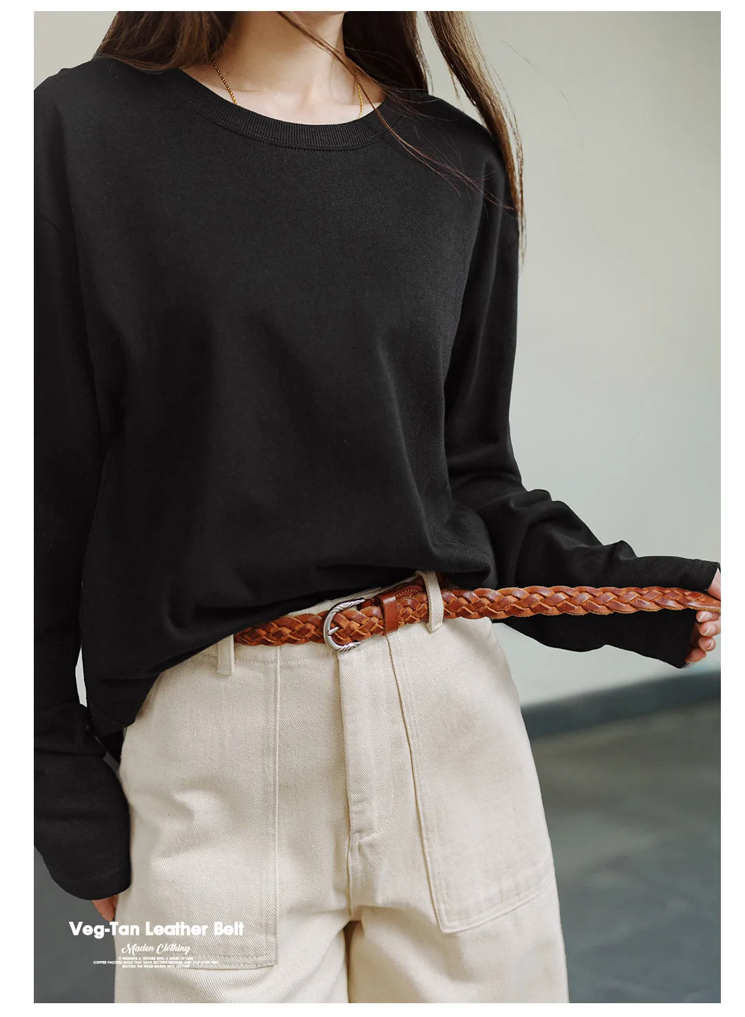 Maden Vintage Veg-Tan Cowhide Braided Belt for Women Leather Belt Simple Accessory Belts with 3 Strands of Weaving Craftsmanship