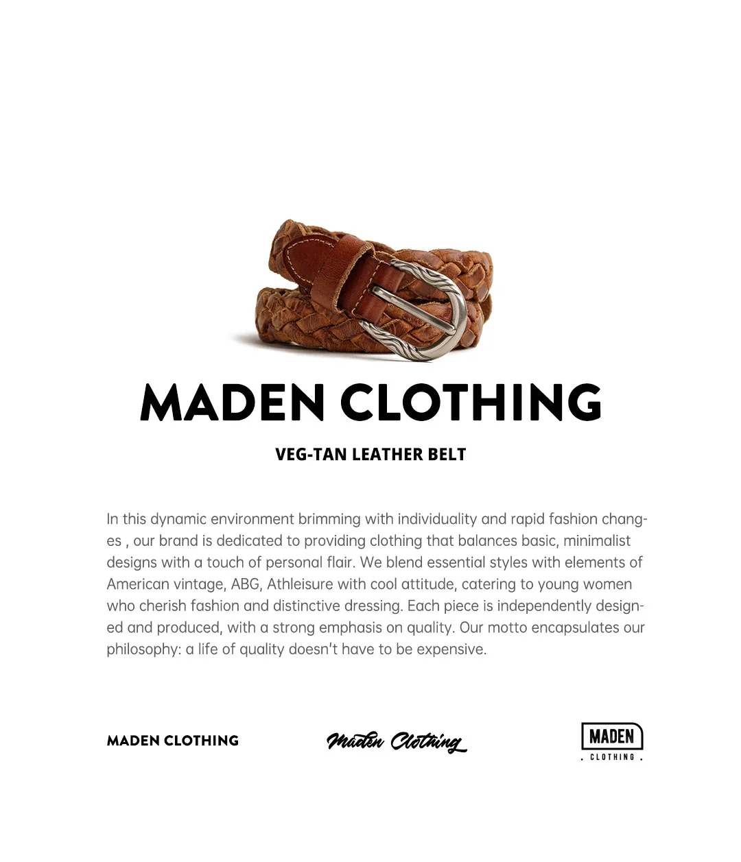 Maden Vintage Veg-Tan Cowhide Braided Belt for Women Leather Belt Simple Accessory Belts with 3 Strands of Weaving Craftsmanship