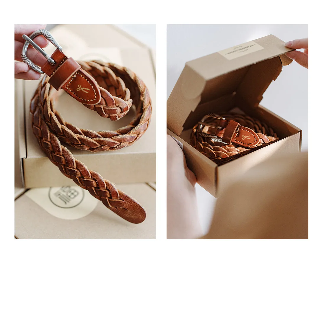 Maden Vintage Veg-Tan Cowhide Braided Belt for Women Leather Belt Simple Accessory Belts with 3 Strands of Weaving Craftsmanship