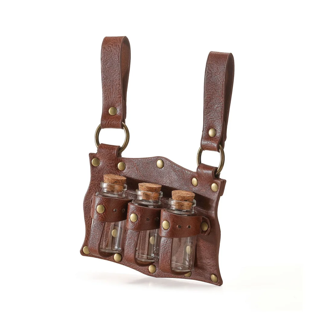 Medieval belt, glass magic bottle with bottle cover, copper coin waist bag set, Halloween costume belt prop