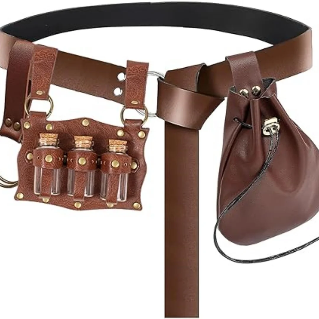 Medieval belt, glass magic bottle with bottle cover, copper coin waist bag set, Halloween costume belt prop