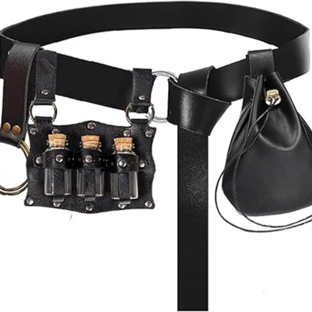 Medieval belt, glass magic bottle with bottle cover, copper coin waist bag set, Halloween costume belt prop