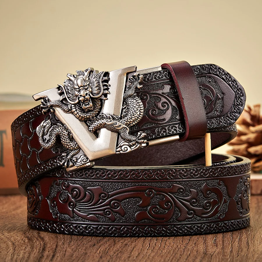 3.5CM V Buckle Cowskin Genuine Leather Belt Quality Alloy Automatic Buckle Print Wasitbad Strap Gift Bussiness Male Belt Men