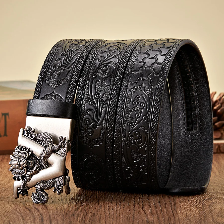 3.5CM V Buckle Cowskin Genuine Leather Belt Quality Alloy Automatic Buckle Print Wasitbad Strap Gift Bussiness Male Belt Men