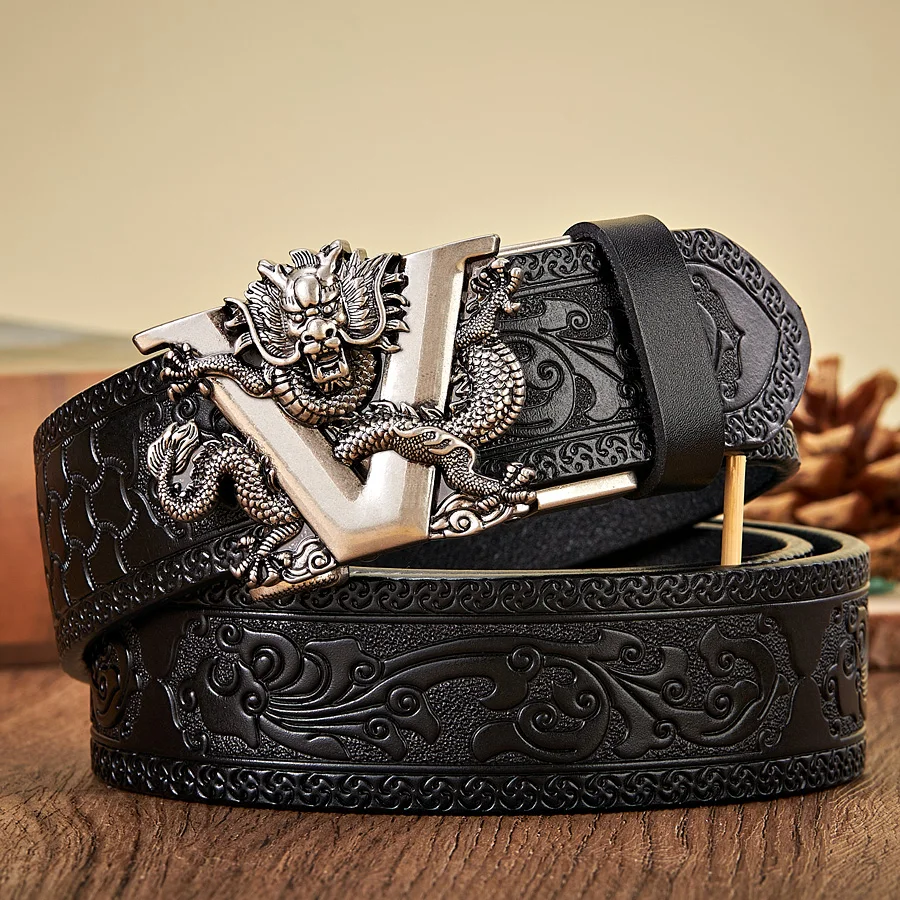 3.5CM V Buckle Cowskin Genuine Leather Belt Quality Alloy Automatic Buckle Print Wasitbad Strap Gift Bussiness Male Belt Men