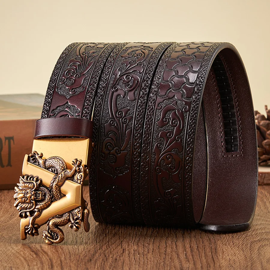 3.5CM V Buckle Cowskin Genuine Leather Belt Quality Alloy Automatic Buckle Print Wasitbad Strap Gift Bussiness Male Belt Men