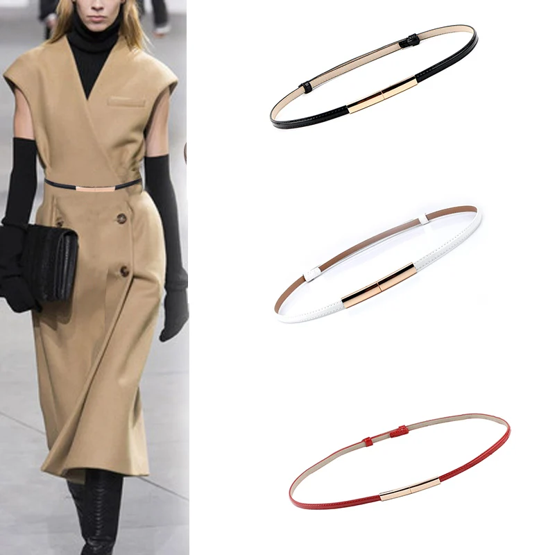 Adjustable Elastic Ladies Dress Waist Belt Slim Leather Women Belt Gold Buckle Black White Blue Skinny Female Belt pasek damski