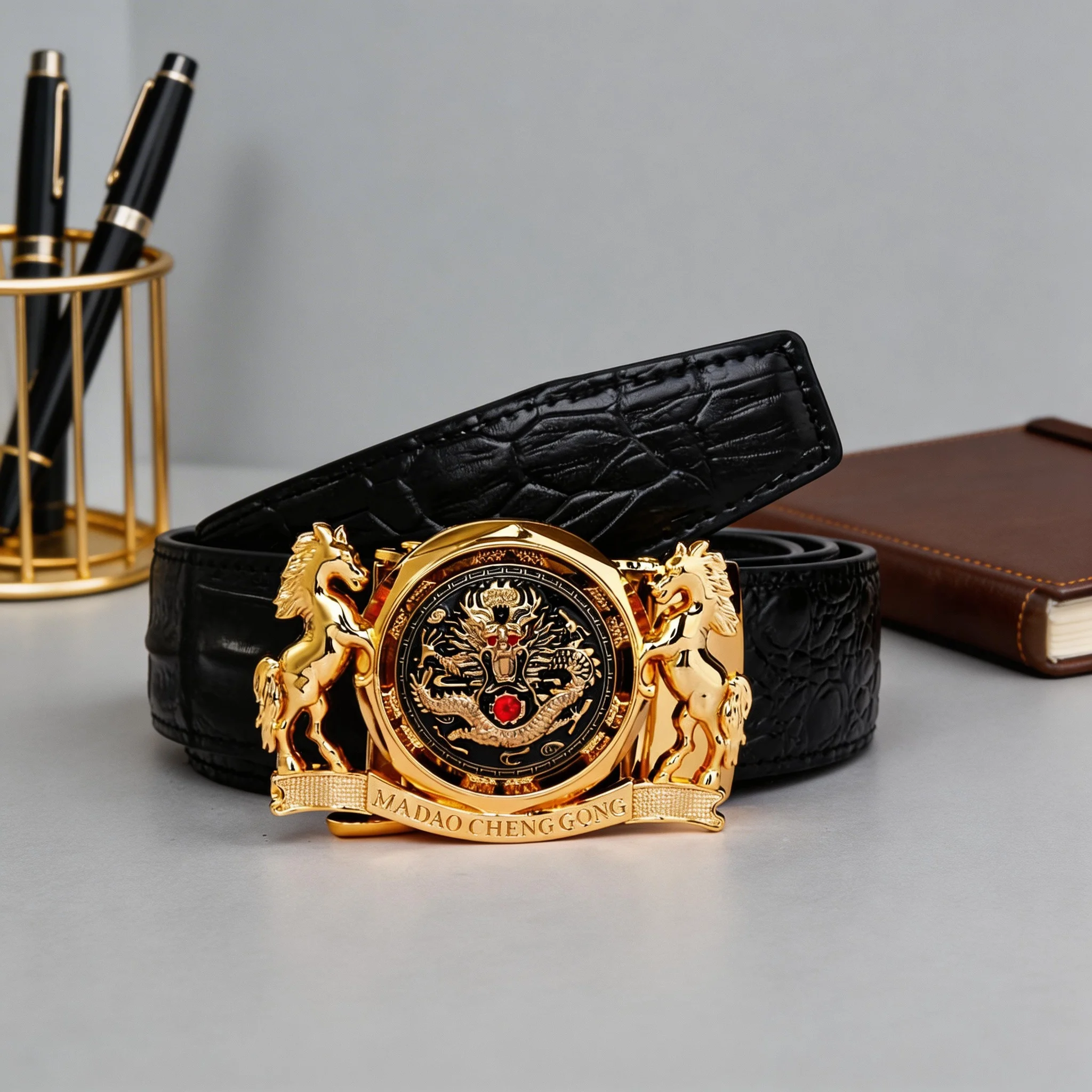 Luxury Dragon & Horse Automatic Buckle Belt - Gold Plated Crocodile Leather Waistband for Men