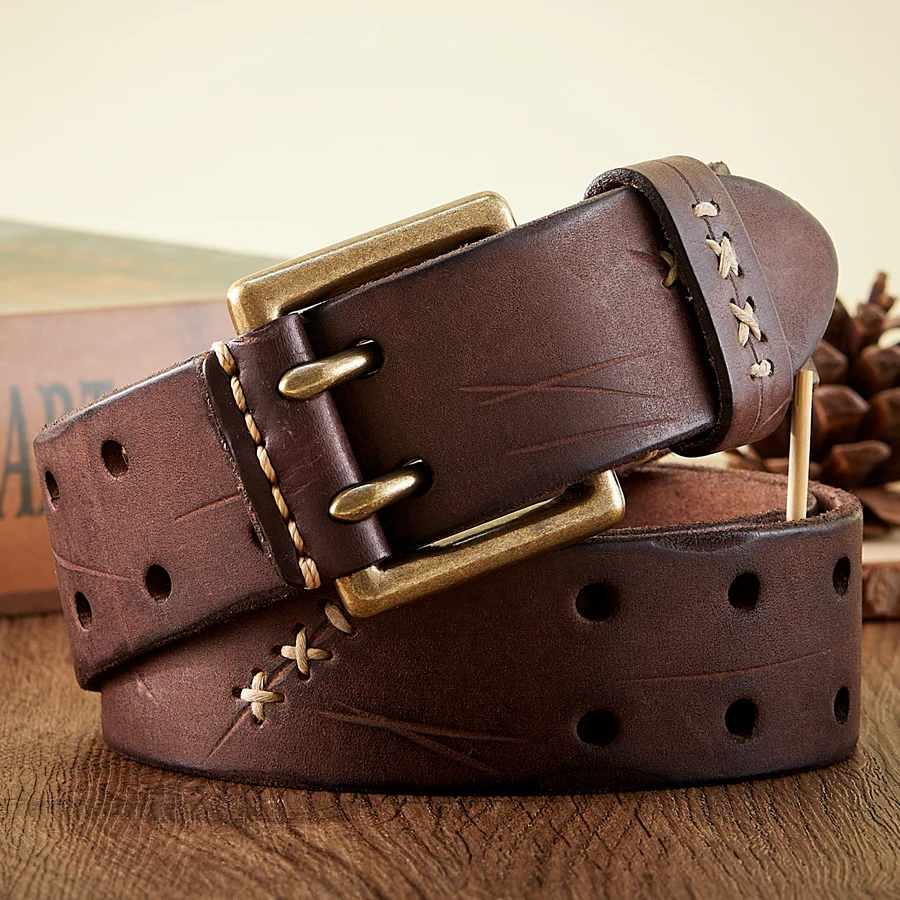 3.8CM Real Genuine Leather Belt Luxury Designer Brass Double Pin Buckle Belts Pure Cowskin Vintage Strap Male Jeans Belt for Men