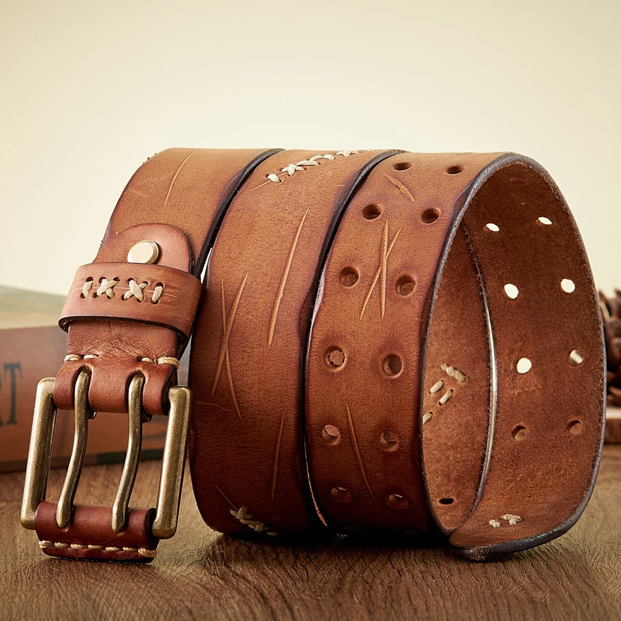 3.8CM Real Genuine Leather Belt Luxury Designer Brass Double Pin Buckle Belts Pure Cowskin Vintage Strap Male Jeans Belt for Men