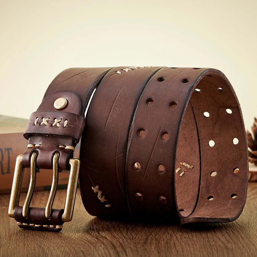 3.8CM Real Genuine Leather Belt Luxury Designer Brass Double Pin Buckle Belts Pure Cowskin Vintage Strap Male Jeans Belt for Men