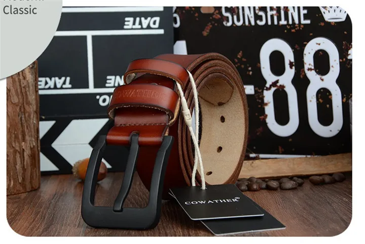 COWATHER male belt for mens high quality cow genuine leather belts 2021 hot sale strap fashion new jeans Black Buckle XF010